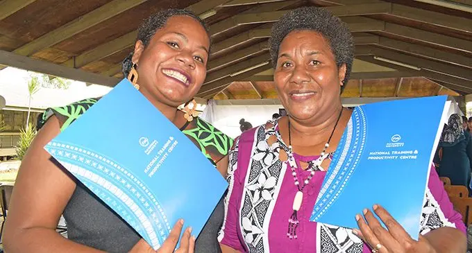 Makoi Vocational Training Centre graduates Anaseini Vuidravuwalu, 26 and Karolina Ravolaca, 54, after their awards ceremony at the Fiji National University in Nabua, on May 18, 2022. Photo: Ronald Kumar