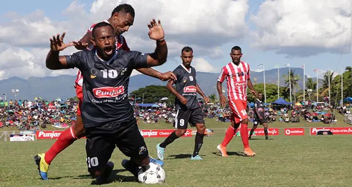 Ba striker Savenaca Nakalevu is fouled by Labasa defender Taniela Waqa during their Group A clash of the Battle of the Giants tournament at Churchill Park, Lautoka on August 8, 2020. Photo: Fiji FA Media.