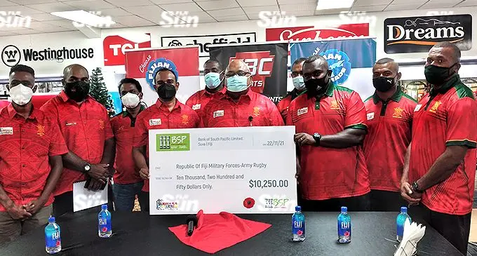 From front, left: Subrails outdoor marketing manager Avichal Kumar, Republic of the Fiji Military Forces rugby chairman Lieutenant- Colonel Penioni Naliva, Tau Sports director Rajah, Subrails managing director Shiva Goundar, RFMF Deputy Commander Commodore Humprey Tawake, Filipe Navatoga, Ropate Tobe, Alipate Naqasima. Back (from left) RFMF team manager Major Eminoni Nabogibogi and Vilive Aria during the sponsorship announcement at Subrails showroom in Nokonoko, Laucala Beach, Suva on November 22,2021. Photo: Simione Haravanua