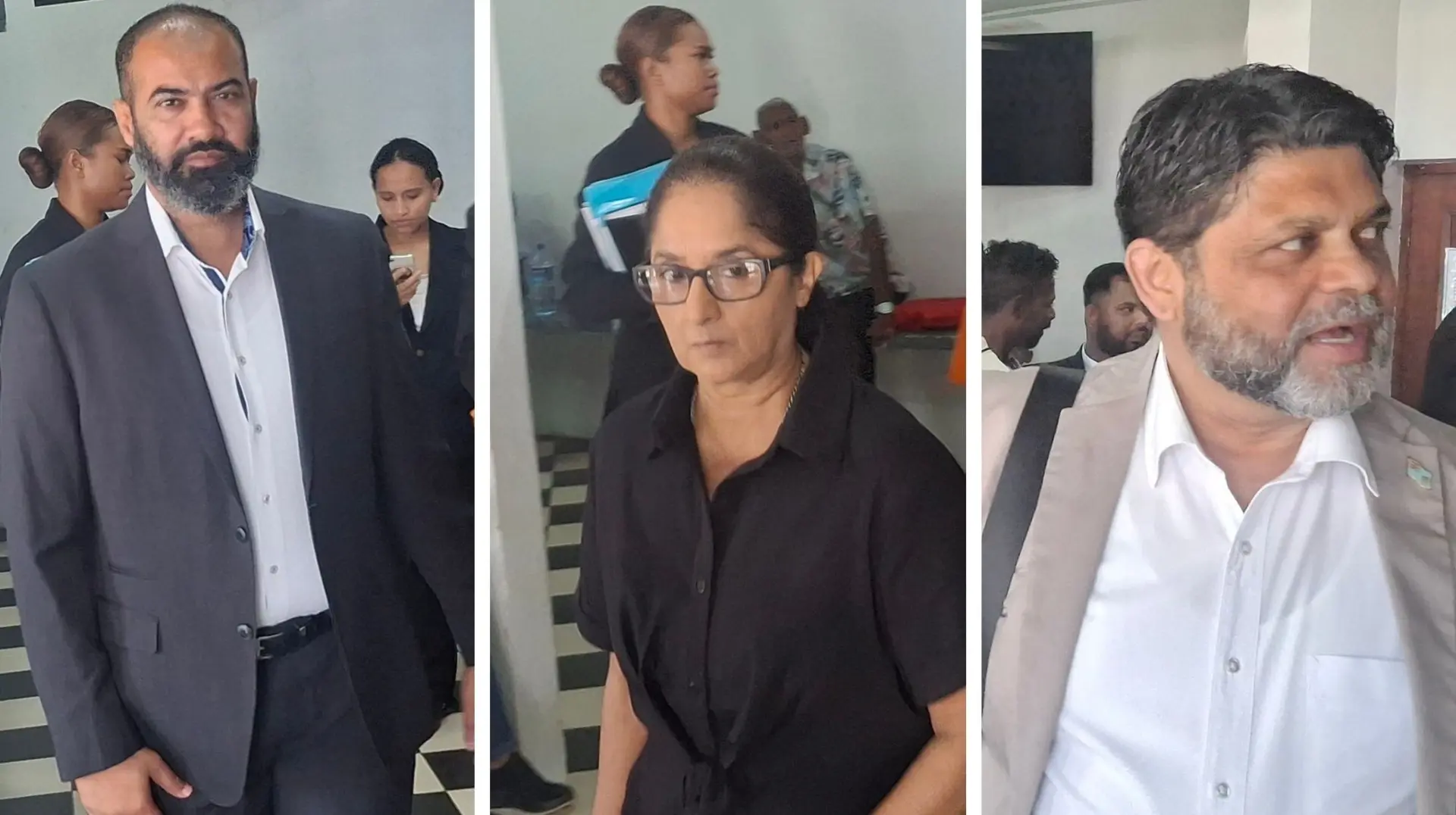 From left: Fiji Airways general manager Safety, Security and Quality Sharun Ali, former Fiji Airways executive general manager Corporate Affairs Shaenaz Voss and former Attorney-General and Minister for Civil Aviation Aiyaz Sayed-Khaiyum at the Nadi Magistrate Court on December 9, 2025.