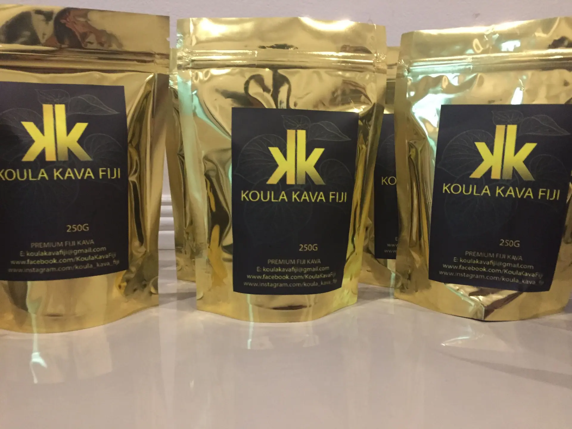 Pouches of Koula Kava Fiji on display. Photo: Koula Kava Fiji