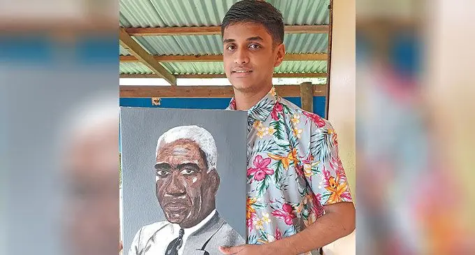 Munadi Ahmed with his portrait in Labasa on May 29, 2024. Photo: Shratika Naidu