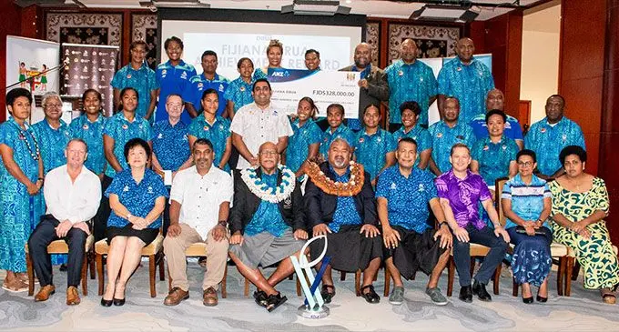 Prime Minister Sitiveni Rabuka with Fiji Rugby Union interim Trustees, Rooster Chicken management, players and officials in Suva on June 20, 2023. Photo: Department of Information 