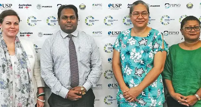 From left: Australia Pacific Training Coalition chief executive officer Soli Middleby, University of the South Pacific Pacific Technical and Further Education chief executive officer Hasmukh Lal, Pacific Islands Association of Non-Government Organisations deputy executive director Siale Ilolahia and Pacific Islands Private Sector Organisation chief executive officer Alisi Tuqa on June 12, 2019. Photo: Lusiana Tuimaisala.