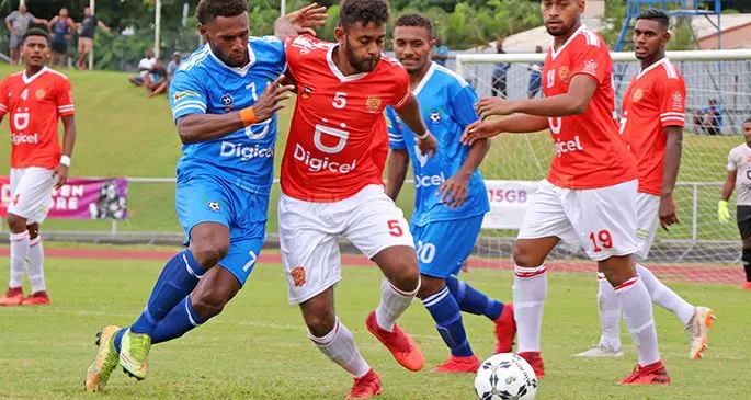 Lautoka football midfielder Dave Radriga (left) challenges Rewa’s Patrick Joseph during their Digicel Premier League clash at Churchill Park, Lautoka, on March 14, 2021. Photo: Fiji FA Media.