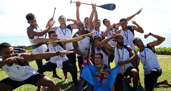 Team Fiji men’s Va’a team members pose after their bronze medal win in the V12 event at the 2019 Pacific Games in Mulifanua, Samoa on July 9, 2019.  Photo: Anasilini Natoga