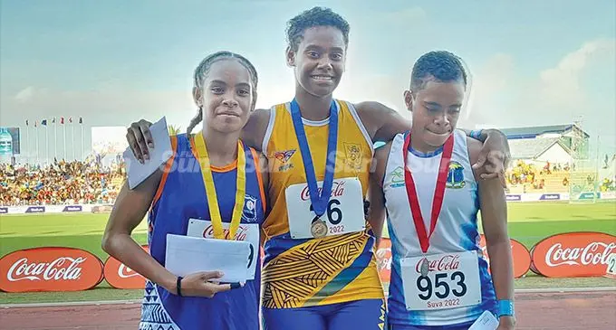 Claudie David of Suva Grammar School (middle) after winning the junior girls 100 metres event at the HFC Bank Stadium, Suva on August 19, 2022. Photo: Viliame Tawanakoro