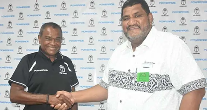 From left; Coca- Cola Amatil Fiji marketing manager Lawrence Tikaram shakes hand with Fiji Rugby Union chief executive officer John O’Connor after the press conference in Suva on March 2, 2020. Photo: FRU Media