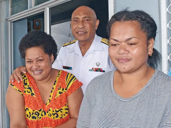 Republic of Fiji Military Forces Commander Rear Admiral Viliame Naupoto with Lute Tubuna, 42, and Liliana Gade, 39, at the Stanley Brown Naval Base in Walu Bay, Suva, on May 19, 2020.  Photo: Ronald Kumar