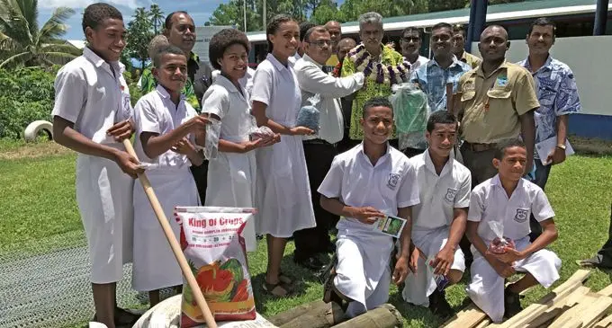 Assistant Minister for Agriculture Viam Pillay (with garland), with teachers and students of Nadogo Central College and Navoalevu Primary School in the Macuata Province on February 23, 2018. Photo: Shratika Naidu