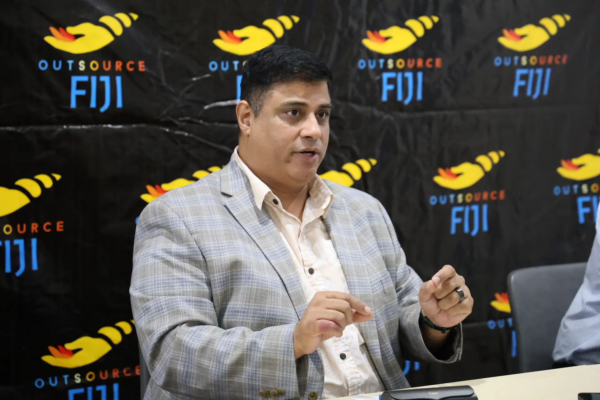 Newly appointed President of Outsource Fiji Chandan Ori during a press conference at its office in Raiwai on April 17, 2026.