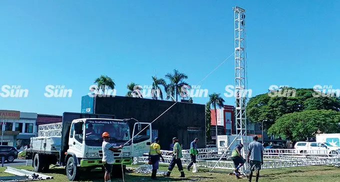Workers of Scaff & Scaff Fiji Limited set up the stage for the Planetshakers Believe Fiji National nights concert at the Churchill Park  carnival grounds in Lautoka on May 31, 2022. Photo: Salote Qalubau