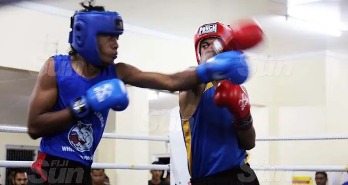 Ilisoni Tegu (left) of Jittu Boxing Stable lines up Sakiusa Nailoloku during the Monday Night Fights at the Cmdr Stan Brown Boxing and Fitness Centre , Walu Bay, Suva on August 10, 2020.Photo: Sereana Salalo