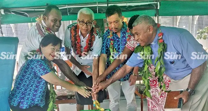 From left: South Pacific Business Development (SBPD) director Lorraine Seeto, senior assistant Roko Tui Lomaiviti, Levi Nayacalevu, acting director iTaukei Affairs Board Mosese Nakoroi, SPBD general manager Elrico Munoz, and Reverend Ecelini Vasua mark the opening of the SPBD newest branch in Levuka Town on March 25,2022. Photo: Ranoba Baoa