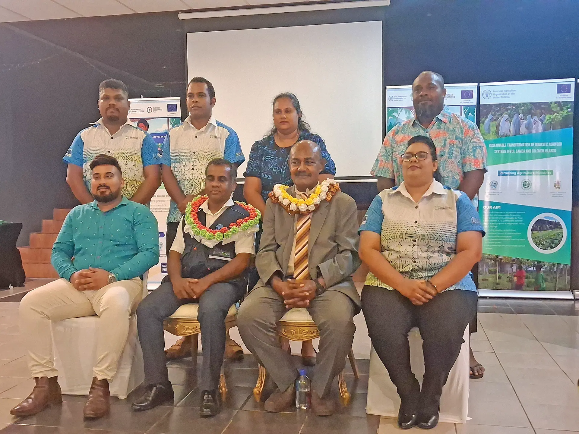 Standing (from left), Deepak Prasad, Asaeli Uluimoala, Subashni Lal, and Ben Maracava. Seated (from left), Food and Agriculture Organisation (FAO) national project co-ordinator Mohseen Khan. FAO programme specialist for Pacific Islands Thushara Ranasinghe, Assistant Minister for Agriculture Waterways and Sugar Industry Inosi Kuridrani and Business Assistance Fiji acting general manager Nitika Singh at the launch in Ba