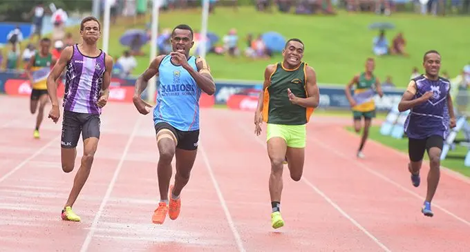 Pio Raua (third from left) of Namosi Secondary in full flight during 400meters inter boys final of Suva zone 1 at ANZ Stadium on March 29. 2019. Photo: Ronald Kumar.