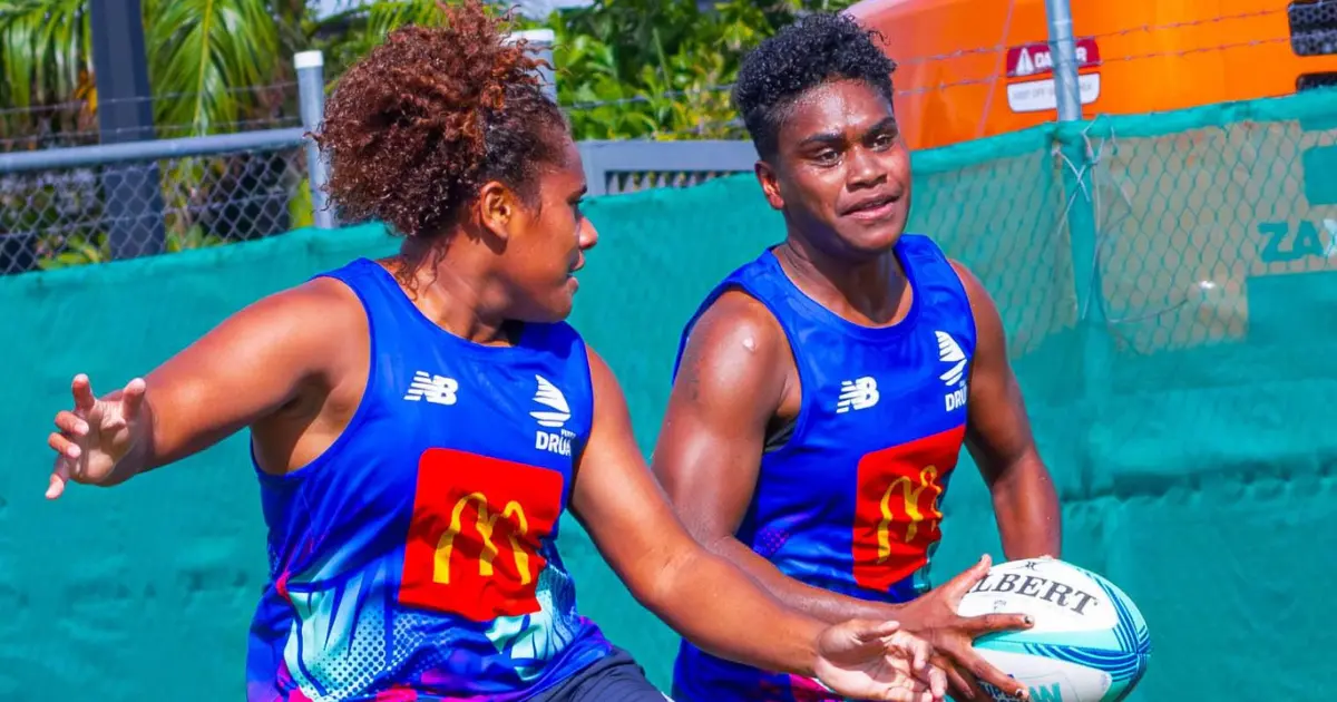 Fijian Drua second five-eighth Josifini Naihamu (left) looks for support during training at their homebase in Legalega, Nadi, on May 27, 2026. Photo: Fijian Drua