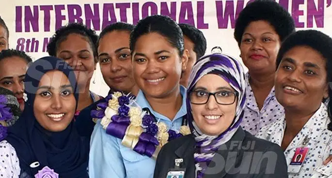Charlene Tafuna’i (garland) with staff during the celebration on the International Women’s Day in Nadi on March 9, 2020. Photo: Waisea Nasokia