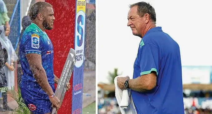 Swire Shipping Fijian Drua captain and hooker Tevita Ikanivere and Swire Shipping Fijian Drua head coach Mick Byrne.