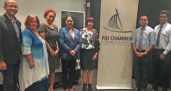 From left: Fiji Chamber of Commerce and Industry executives members Arvind Maharaj, Annemarie De Vos, Ana Tuiketei-Bolabiu, Minister for Industry, Trade and Tourism, Local Government, Housing and Community Development, Premila Kumar, Chamber President Nur Bano Ali, Fiji Revenue and Customs Service chief executive officer Visvanath Das and Executive members Sunil Sharma.