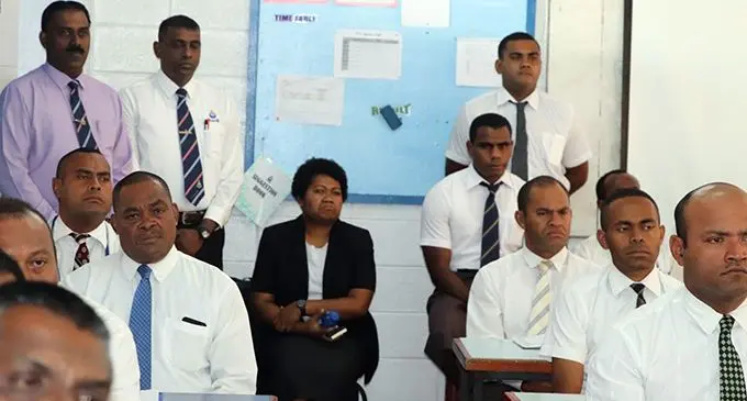 Police officers attend a training session at the Police Academy in Nasova, Suva.