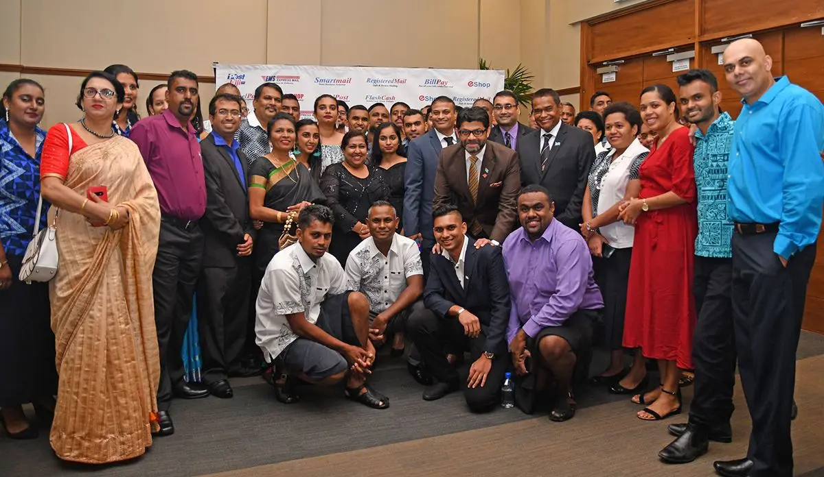 Attorney-General and Minister for Economy Aiyaz-Sayed Khaiyum, board directors and staff during the launch of the Post Fiji’s E-commerce online platform at Suva’s Grand Pacific Hotel on October 9, 2019. Photo: Laiseana Nasiga.