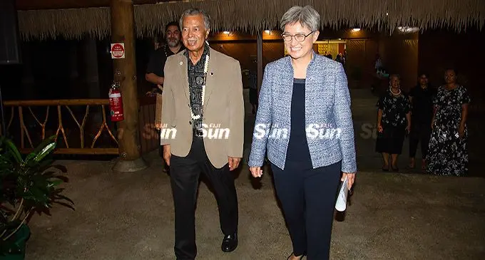 Pacific Islands Forum Secretary-General Henry Puna welcomes Australian Foreign Affairs Minister Senator Penny Wong during the Pacific Islands Forum Secretariat in Suva on May 26, 2022. Photo: Leon Lord