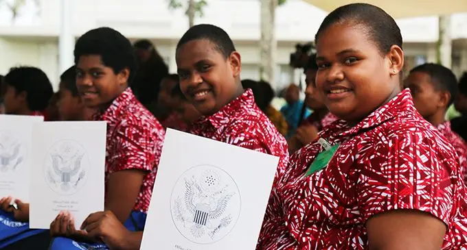 Participants of the Access programme Anaseini Daroko, Autiko Rabia and Anaseini Ratunilevuka at the launch of the  programme at the United States Embassy in Suva on July 2, 2020. Photo: Inoke Rabonu