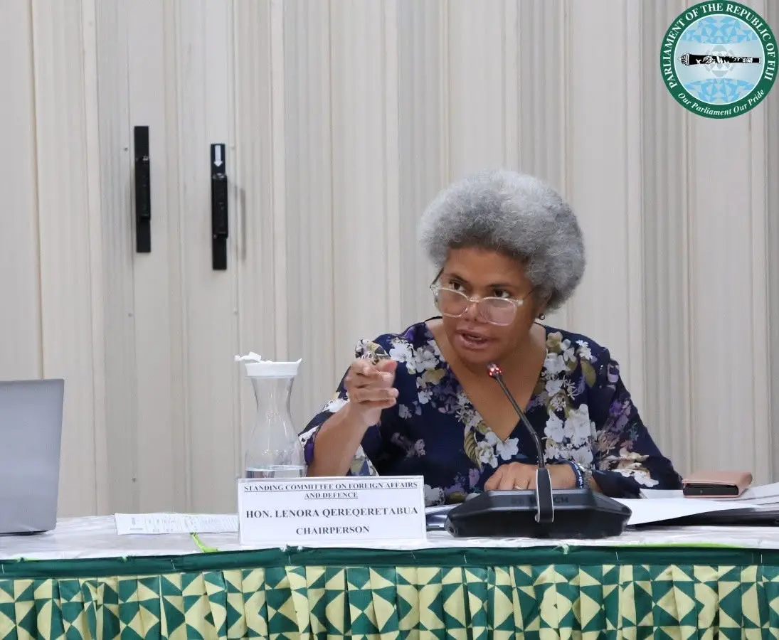 Standing Committee on Foreign Affairs and Defence Chairperson Lenora Qereqeretabua receives submissions from the Office of the Prime Minister and the Fijian Immigration Department on their 2019–2023 annual reports.