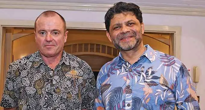 Outgoing Australian High Commissioner John Feakes with the Attorney-General Aiyaz Sayed-Khaiyum at the High Commissioner’s residence in Suva on July 28, 2022.  Photo: DEPTFO News