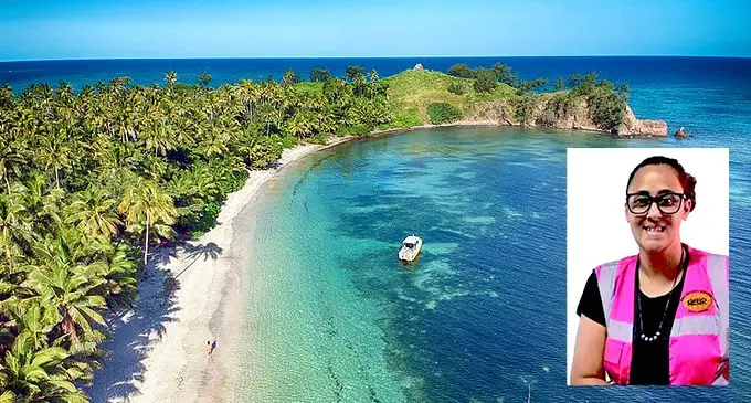 The beach front stretch at Safe Landing Resort at Nacula, Yasawa with the inserted image of Katalina Allen, General Manager of Operations and Human resources at Grid Security Services Fiji Limited.