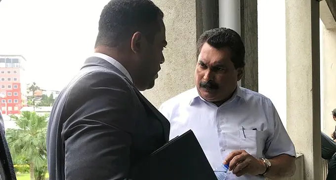 Felix Anthony, right, with lawyer Filimoni Vosarogo outside the Magistrates Court in Suva.   Photo: Ashna Kumar