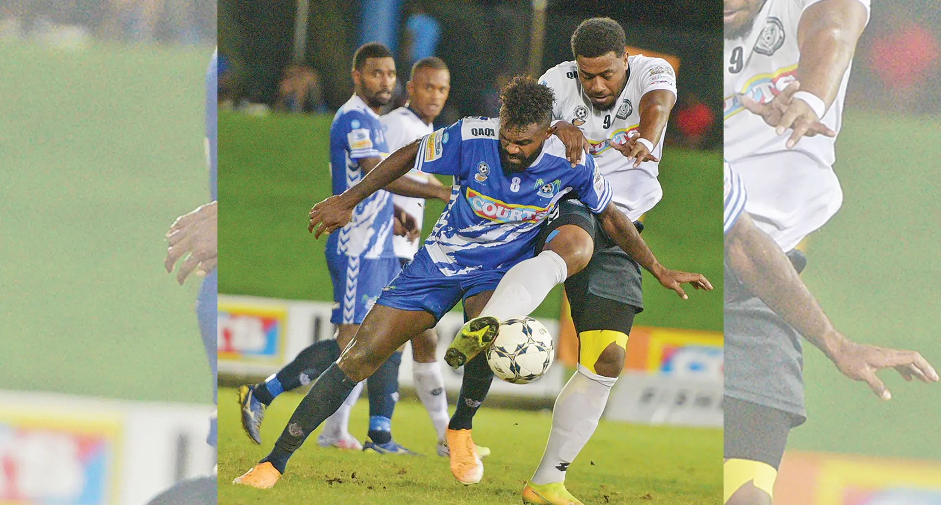 Lautoka midfielder and goal scorer Malakai Rakula defends against Suva’s Iosefo Verevou during the Courts Interdistrict Championship clash at the ANZ Stadium, Suva, on October 7,2020. Photo: Ronald Kumar
