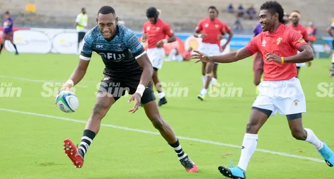 Fiji Airways Fijian 7s rep Josefa Talacolo scores a try against Moala Vonokula during Marist Sevens at the ANZ Stadium in Suva on March 26, 2021. Photo: Ronald Kumar
