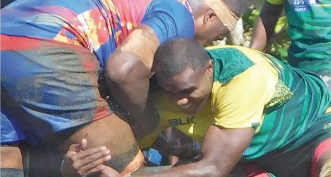 Namosi lock Eparama Luvata (left) takes on Tailevu at Nakelo District School ground on April 10, 2021. Photo: FRU Media
