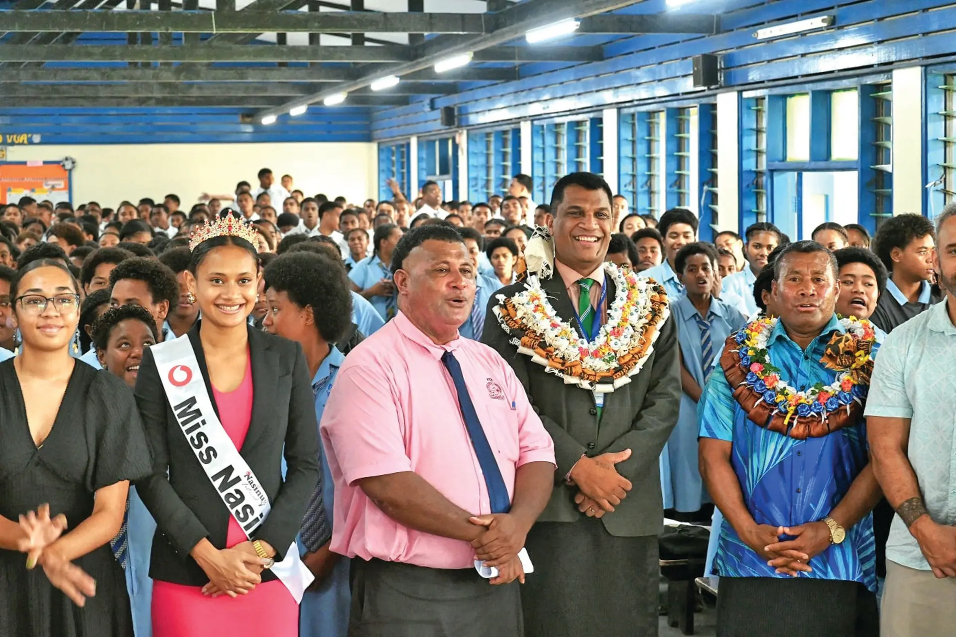 (From left) Miss Nasinu 2025 Ailava Samuels, Nasinu Secondary School principal Naisa Camatoko, Minister for Education Aseri Radrodro and rugby legend Waisale Serevi during the launch of the Future leader Fiji Programme on October 23, 2025.