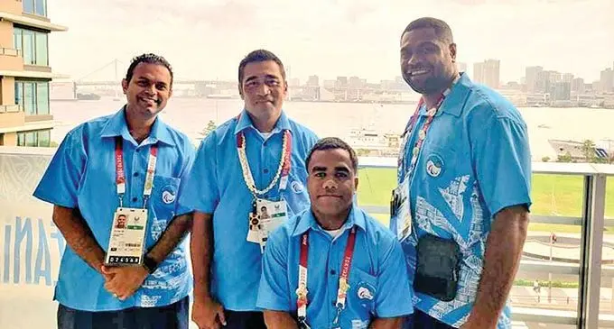 Team Fiji (left-right) chef de mission Dr Ronauk Lal, Fred Fatiaki (coach) Iosefo Rakesa (front), Inosi Bulimairewa Matea at the Paralympics Village in Tokyo, Japan. Photo: Fiji Paralympics Committee