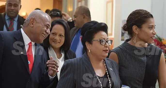 Opposition Member of Parliament Simione Rasova with Minister for Education Rosy Akbar , Assistant Minister for Women Veena Bhatnagar and Opposition MP Lynda Tabuya outside Parliament on February 20,2020. Photo: Ronald Kumar.