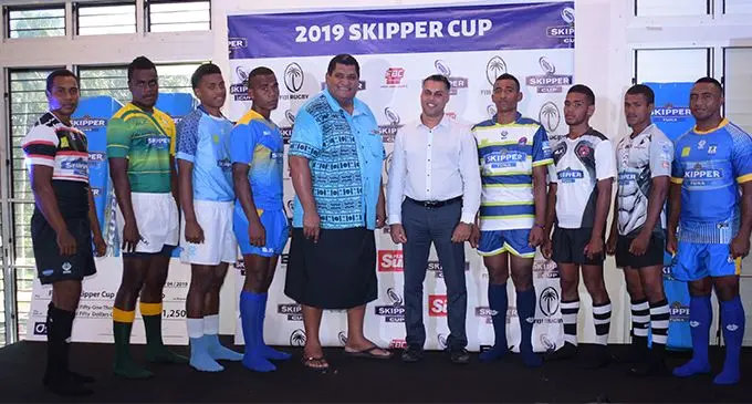 Fiji Rugby Union chief executive officer John O’Connor (fifth from left) and CJ Patel (Pacific) Limited group marketing manager Ashwin Prasad (fifth from right) with senior team captains during the 2019 Skipper Cup launch at Albert Park, Suva on April 11,2019.  Photo: Ronald Kumar