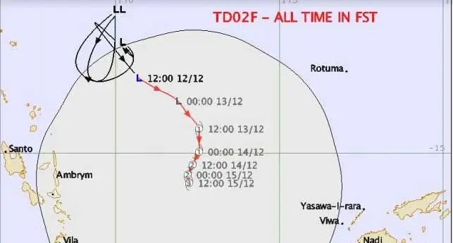 Forecasted track map for Tropical Depression [TD02F] at 12pm on 12 December, 2020.