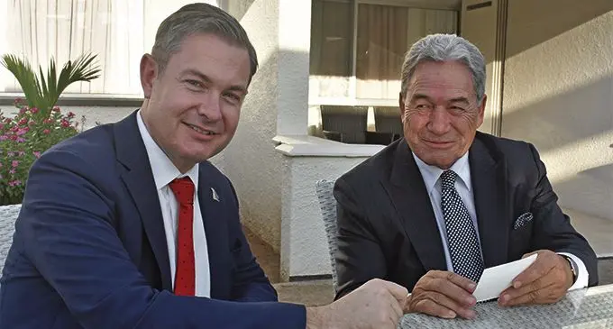 New Zealand High Commissioner to Fiji Jonathan Curr with his deputy Prime Minister Winston Peters in Nadi on February 26, 2019. Photo: Waisea Nasokia