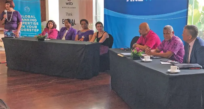 Pictured: From left:  Women In Business president Nur Bano Ali, (seated from left): WIB executive Anabel Ali,  Minister for Trade Premila Kumar and Minister for Women Mereseini Vuniwaqa, WIB executive Sarah-Jane Wild, ANZ Fiji Country Head Saud Minam,  Fiji National Provident Fund chief executive officer Jaoji Koroi, Westpac Fiji chief executive Kip Hanna, Lawyer Sharma Devanesh and Fijian Holdings Limited Group chief executive officer Nouzab Fareed. Photo: Maraia Vula