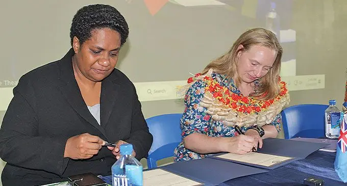Co-founder FJ STEAM Princess and Industry and Community Liaison Coordinator USP, Oliana Nayago and U.S Department of State’s Chief Information Officer, Dr Kelly Fletcher during the signing on February 24, 2023.