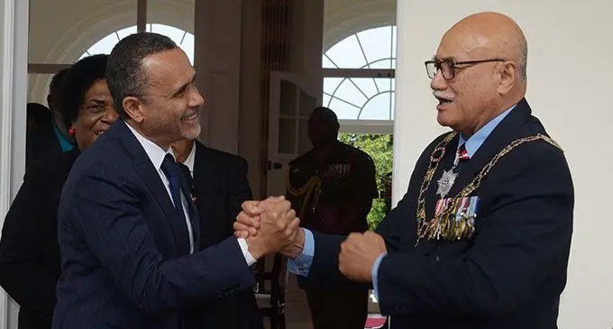 Officer of the Order of Fiji medal recipient Anthony Whitton (left) with President Major-General (Ret’d) Jioji Konrote after the Order of Fiji investiture ceremony at State House on July 12, 2019.  Photo: Ronald Kumar.