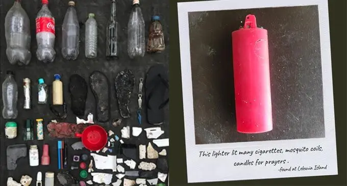 A collection of trash that had been found on the beach on Leleuvia Island  near Ovalau Island converted into art by Peter Sipeli.