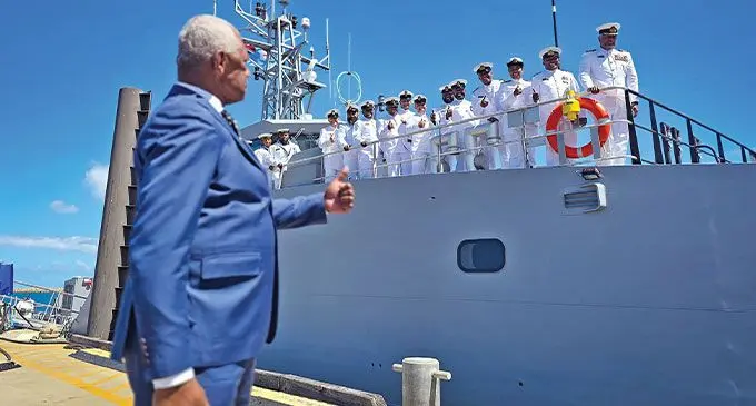 Minister for Defence and Veteran Affairs Pio Tikoduadua during the commissioning of the RFNS Timo. Photo: Pio Tikoduadua / Twitter