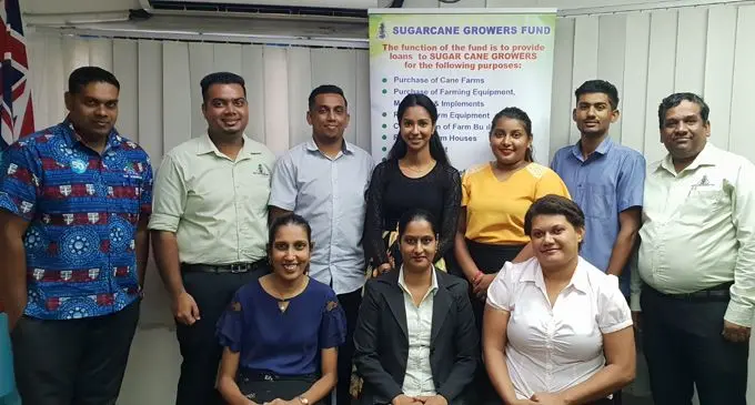 From left (back row): Manager Lending and Operations at the Sugar Cane Growers Fund, Sagar Dayal, Business Analyst and Project Officer, Prashneel Prasad, new project officers, Devesh Nair, Nazrah Ali, Shaniya Chand, Sajnesh Goundar with the SCGF Loans Officer Administration, Rakesh Rohan. (Sitting): New project officer, Rebekah Raj, SCGF Human Resource Officer, Priti Ram and new project officer, Seraseini Racaca. Photo: Nicolette Chambers