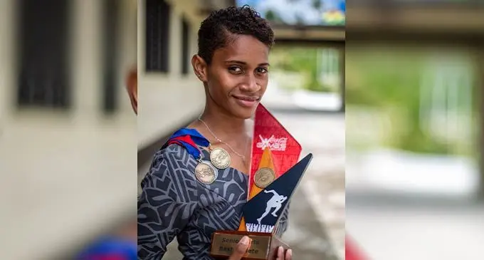 Kesaia Boletakanakadavu, the winner of the 100 metre Senior Girls event at the  2022 Coca-Cola Games, was emotional, mourning the death of her former coach  Joni Tabakau (in inset photo). Photo: Leon Lord