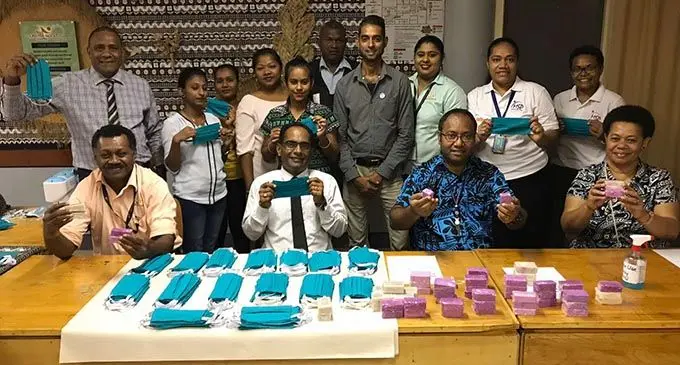 Representatives from the Ministry of Youth and Sports and the Labasa District Youth Council hand over the masks and soap to representatives from the Ministry of Health and Medical Services in the Northern Division. Photo: Ministry of Youth and Sports