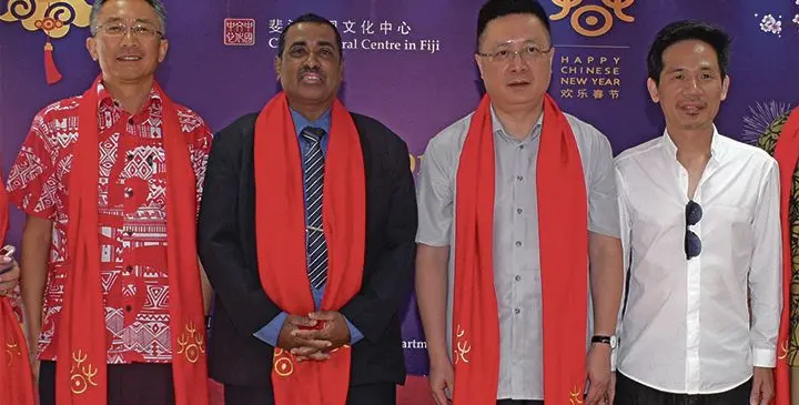 From left: Chinese Cultural Centre Director, Xianfu Deng, Assistant Education Minister Joseph Nand, Chinese Ambassador to Fiji Qian Bo and Xu Lixian, one of the two designers of the Year of the Pig stamps for the Chinese New Year celebration on February 1, 2019, during the launch of the stamps at the Chinese Cultural Centre in Suva. Photo: Ronald Kumar